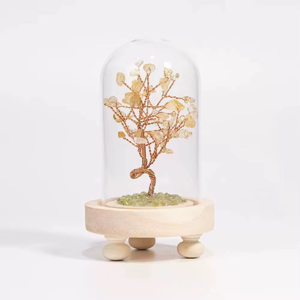 Natural Crystal tree in a glass dome with wooden base, crafted with citrine