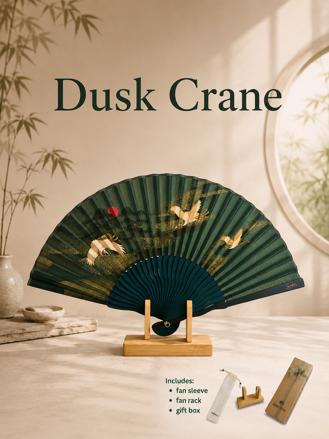 GRUE CRÉPUSCULAIRE, éventail pliant chinois