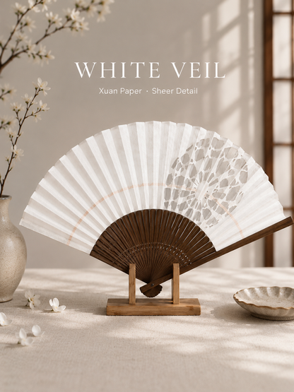 Japanese Folding Fan, paper fan, White Veil