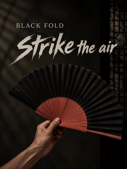 Black wooden fan designed for one hand opening