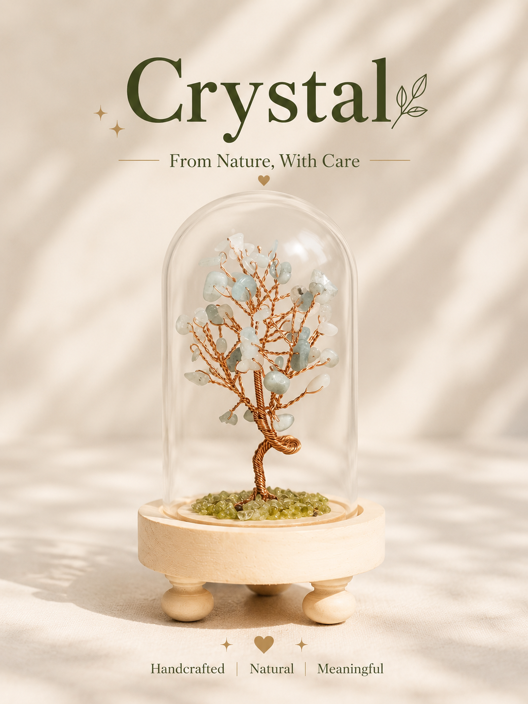Crystal tree in a glass dome with wooden base, crafted with aquamarine