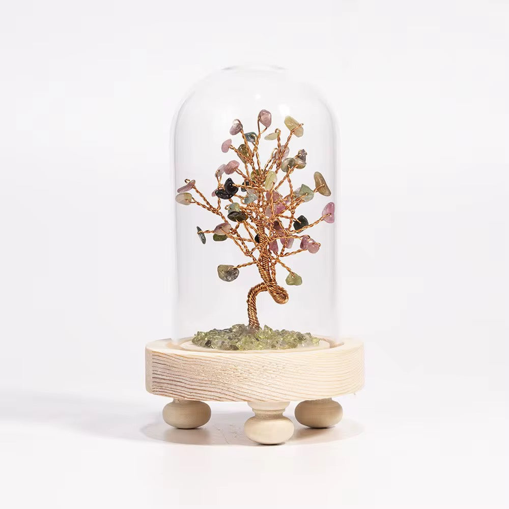Crystal tree in a glass dome with wooden base, crafted with crystal mix