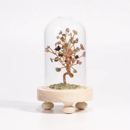 Crystal tree in a glass dome with wooden base, crafted with crystal mix
