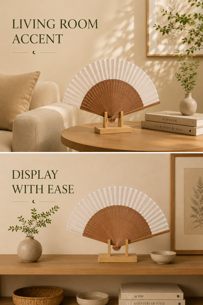 Decorative fan on a bamboo  stand in a living room setting