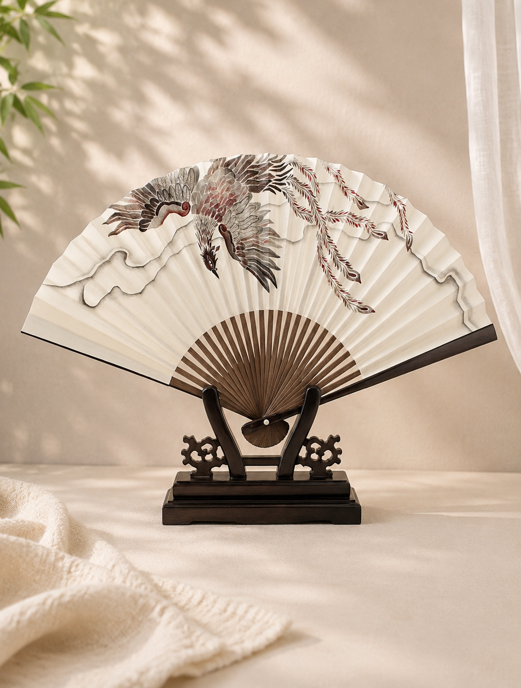 Decorative fan with artistic design displayed on a hard wood stand 