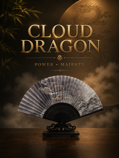 A bamboo folding fan with a dragon illustration displayed on a stand