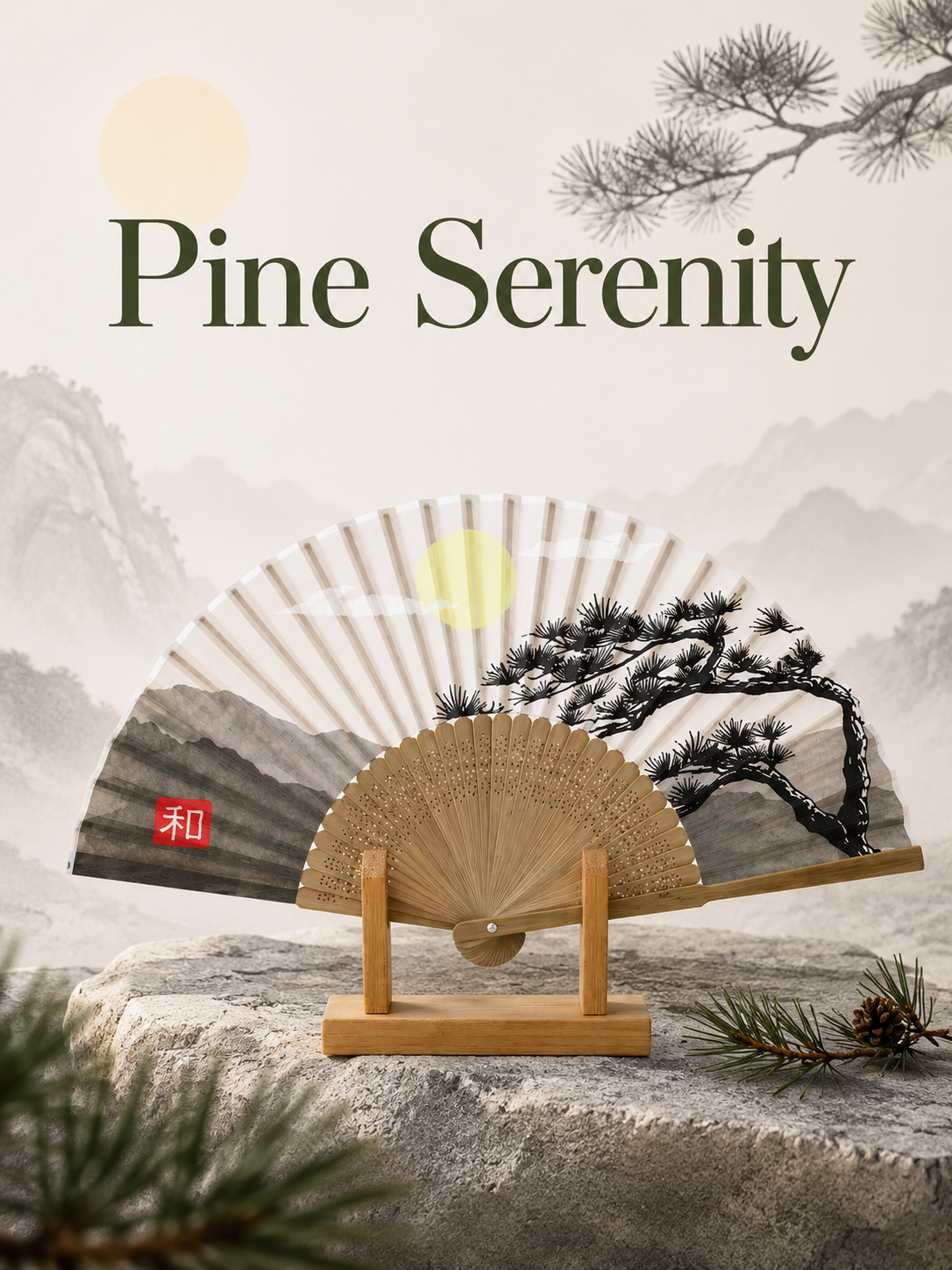 Decorative fan with design of pine tree, and mountains