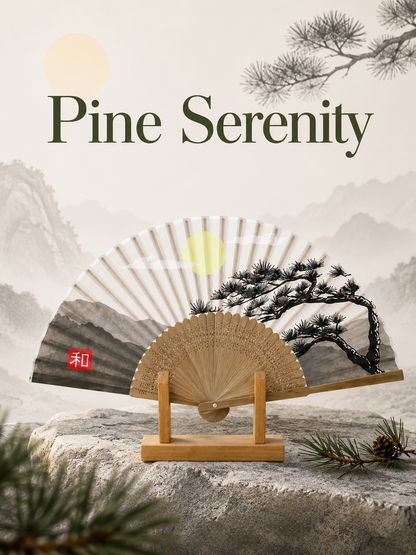 Decorative fan with design of pine tree, and mountains