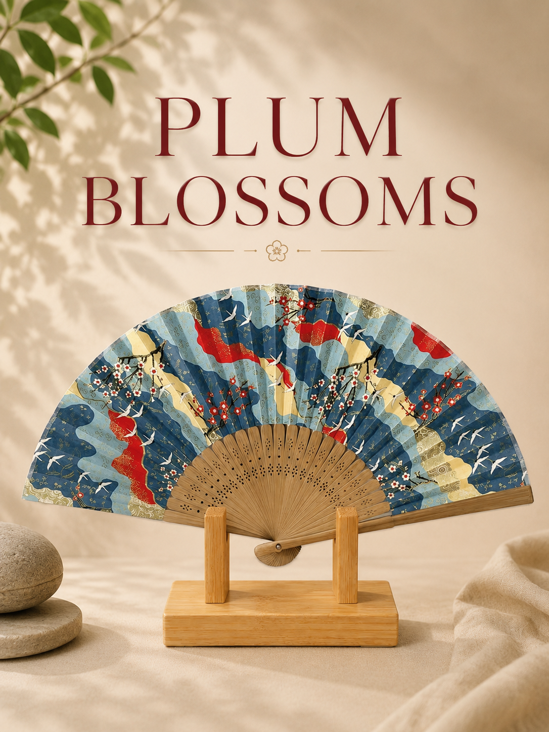 Decorative fan with plum blossoms design displayed on a bamboo stand