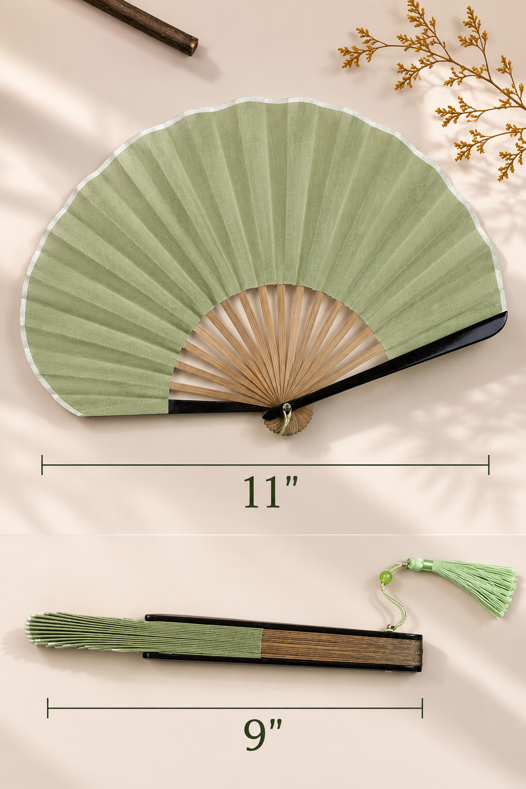 Green folding fan with measurements 
