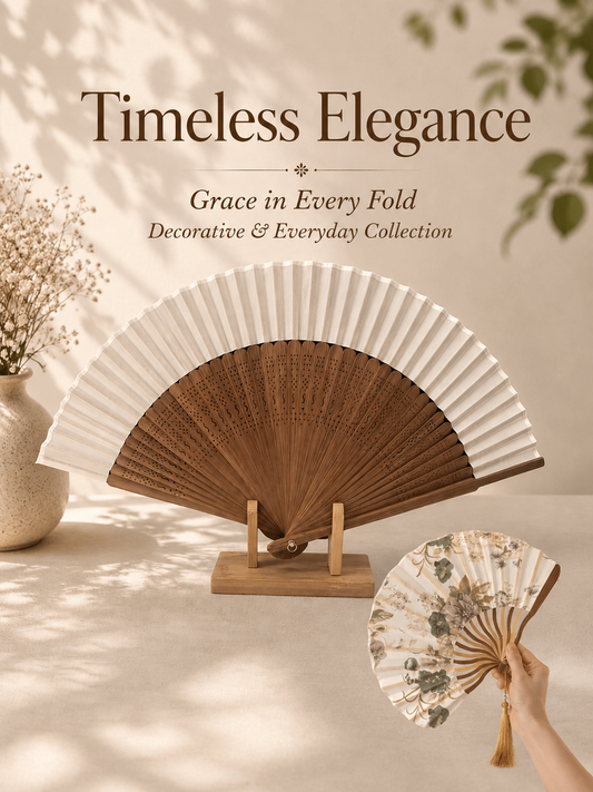 bamboo fan elegant collection set of 2, combination of decorative fan and everyday fan, moon beige and floral breeze