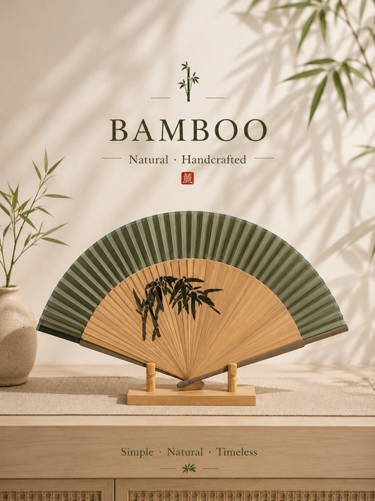 bamboo fan displayed on a bamboo stand with refined craftmanship