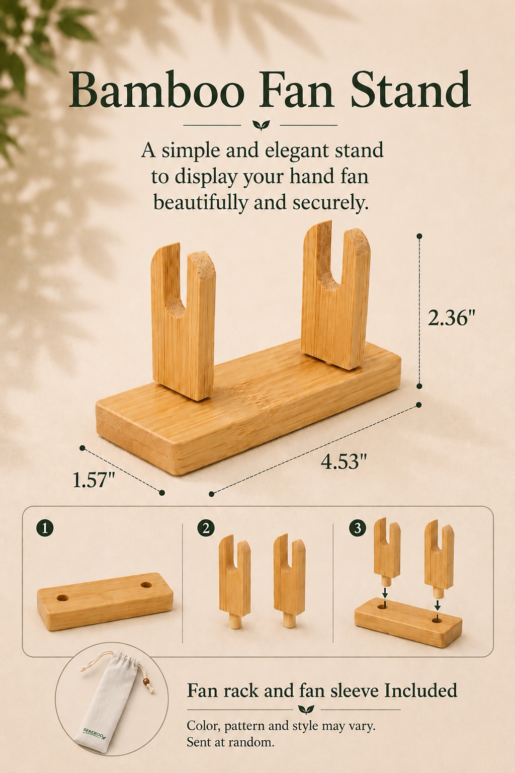 bamboo fan stand with dimension and instruction