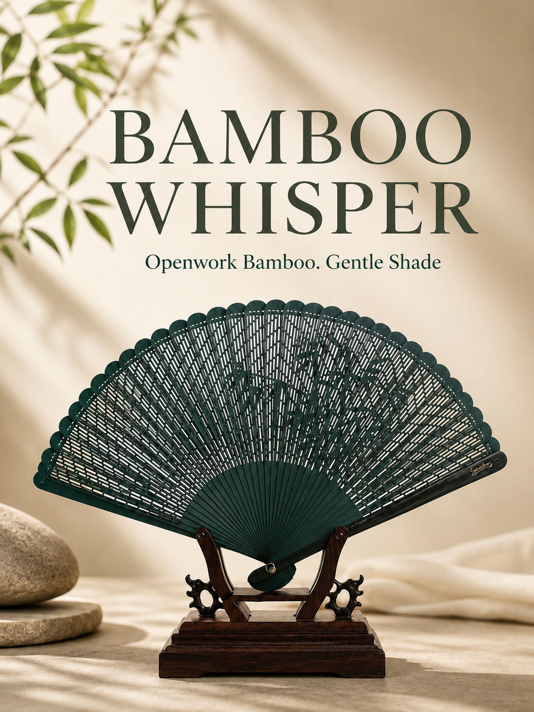 Dark green Decorative bamboo fan on a wooden stand