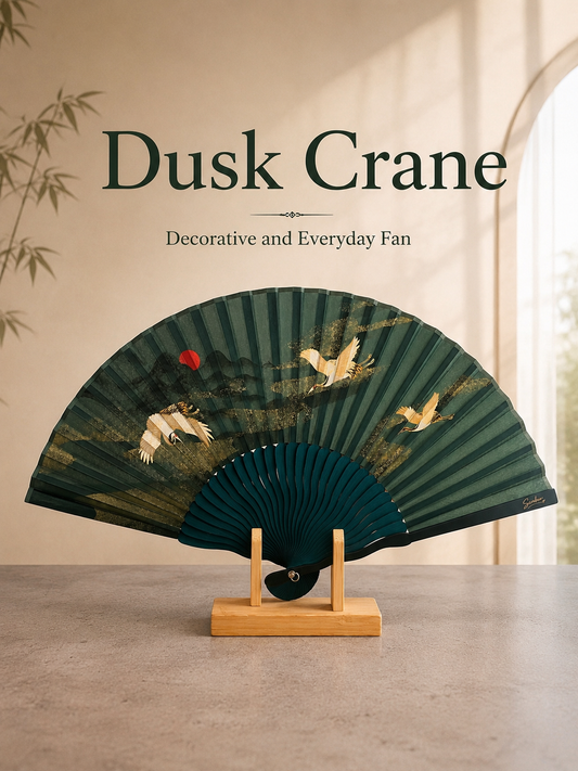 dark green bamboo fan crafted with natural bamboo with design of dusk crane design