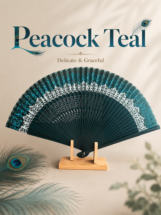 dark green bamboo folding fan with  elegant peacock design 