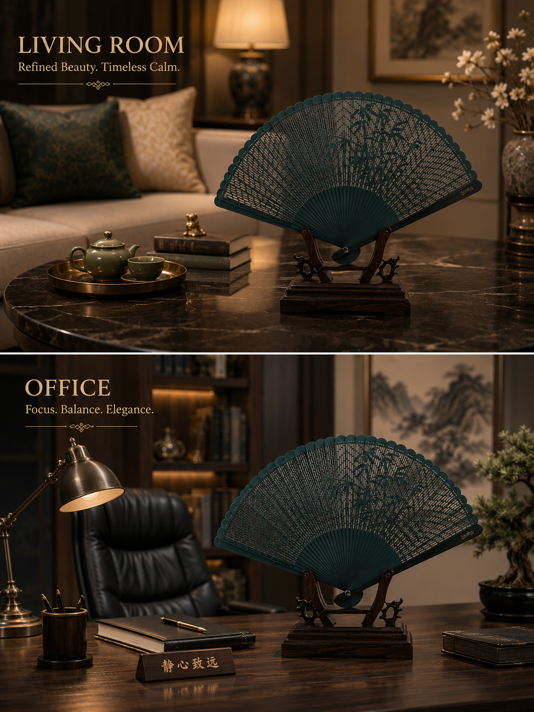 decorative bamboo fan in living room setting with luxury look