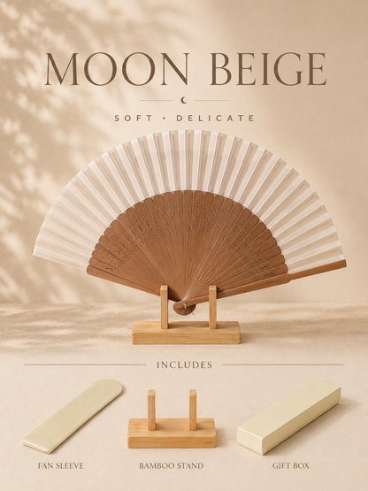 elegant bamboo folding fan crafted with natural bamboo ribs and beige fabric