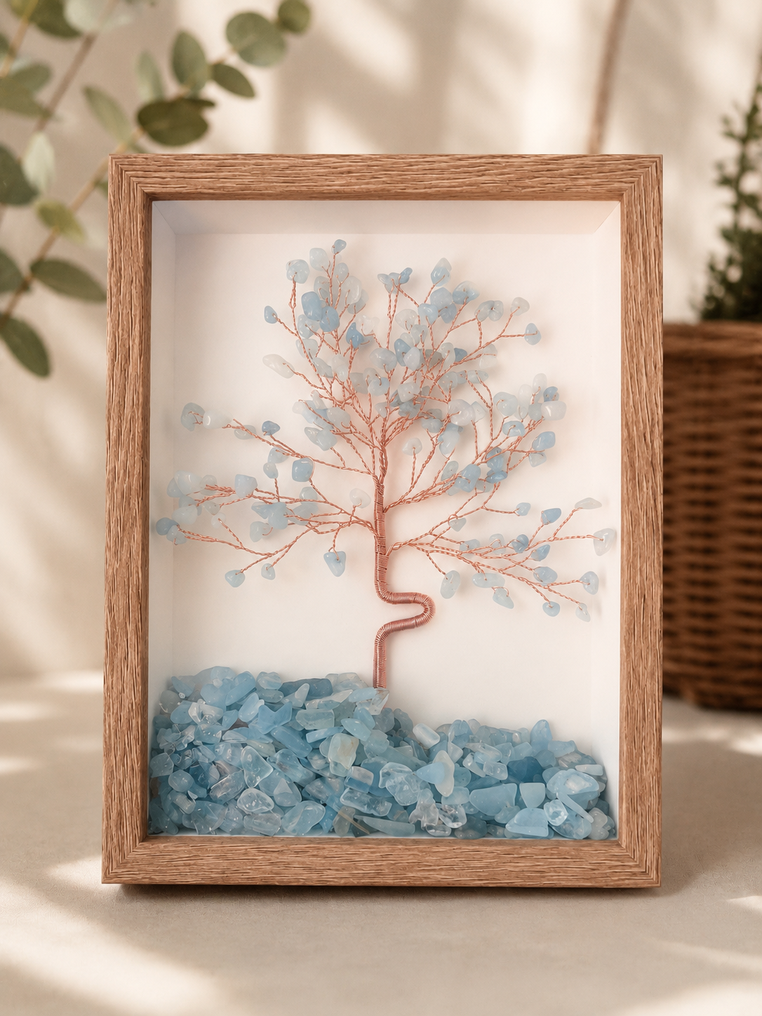 framed natural crystal tree made with mixed aquamarine in blue color