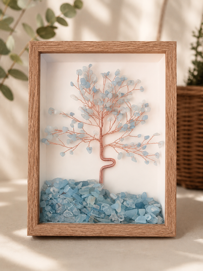 framed natural crystal tree made with mixed aquamarine in blue color