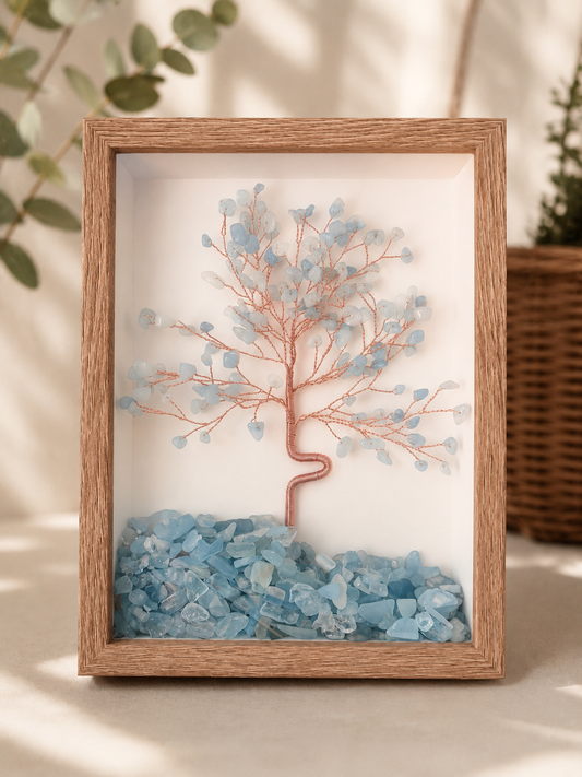 framed natural crystal tree made with mixed aquamarine in blue color
