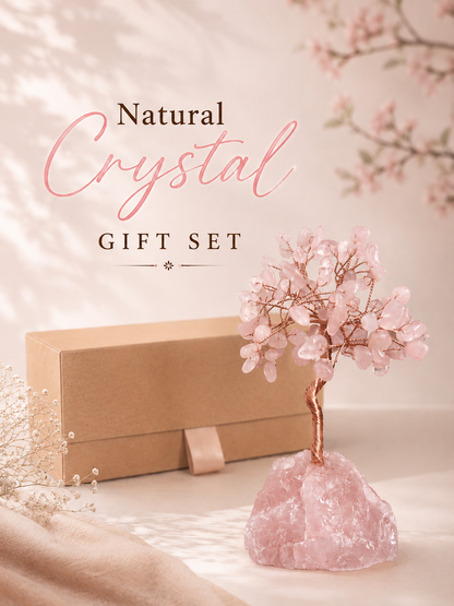 gift set of natural crystal tree with stone base made with rose quartz