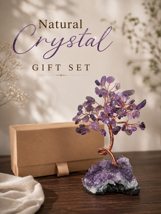 gift set of natural crystal tree with shining stone base made with amethyst