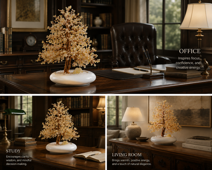 natural crystal tree on a desk with office, study, and living room settings shown.
