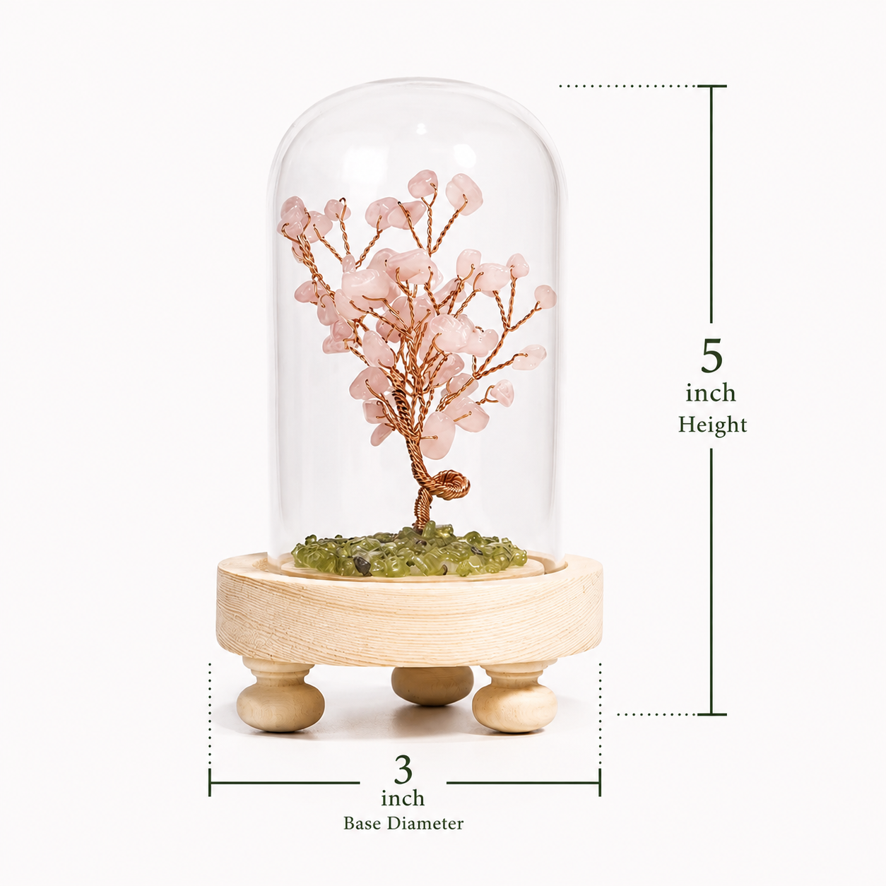 Decorative crystal tree under a glass dome with measurements 