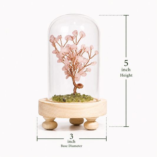 Decorative crystal tree under a glass dome with measurements 