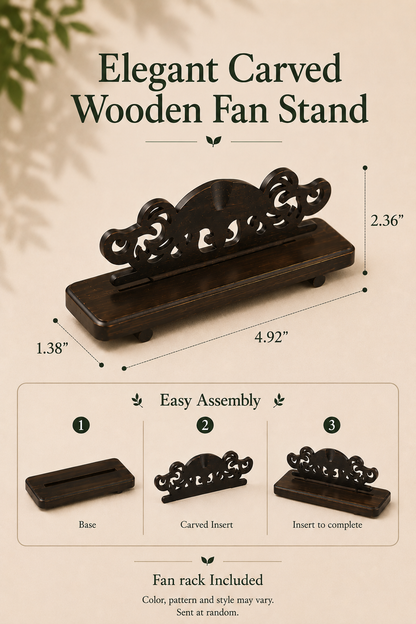 Elegant carved wooden fan stand with dimensions and assembly instructions 